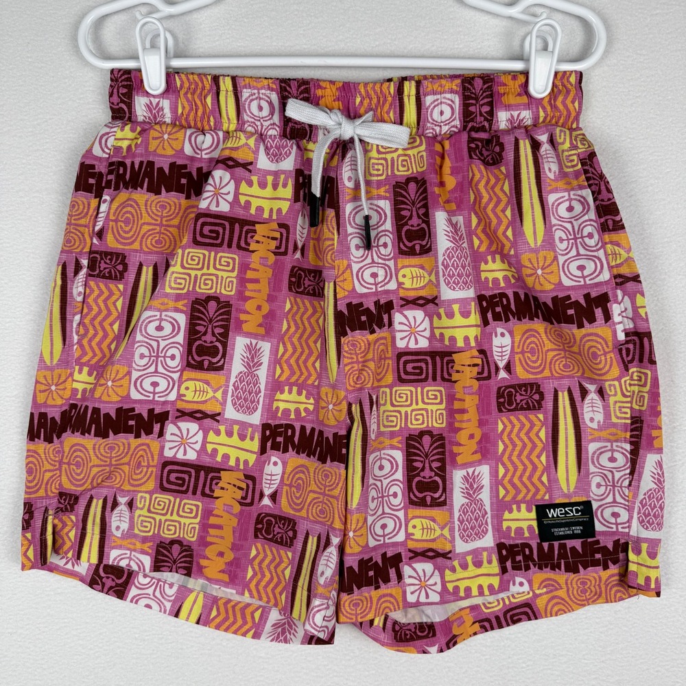 WeSC Mens M Austin Tiki‎ AOP Pull On Shorts Pink Tropical Vacation N115118T